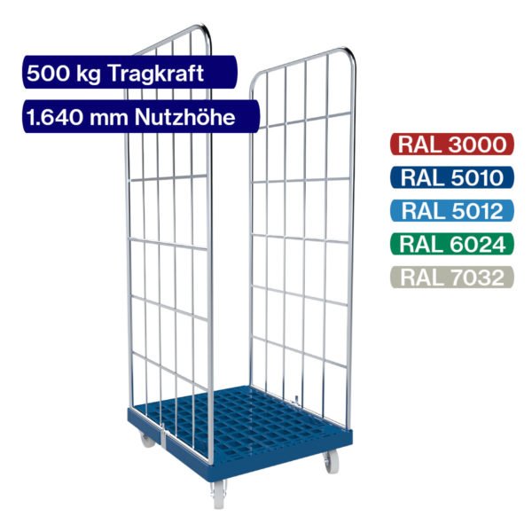 Blauer Rollbehälter mit 500 kg - 2 seitig - 1650 mm mit Daten und Farbpalette