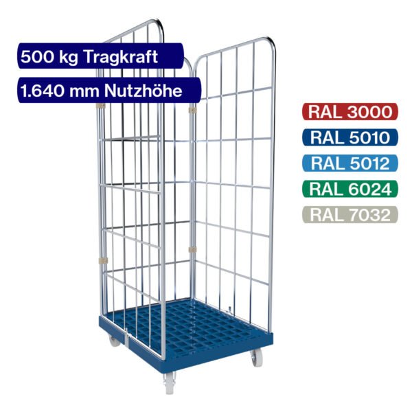 Rollbehälter blau 500 kg - 3 seitig - 1650 mm mit Daten und Farbpalette